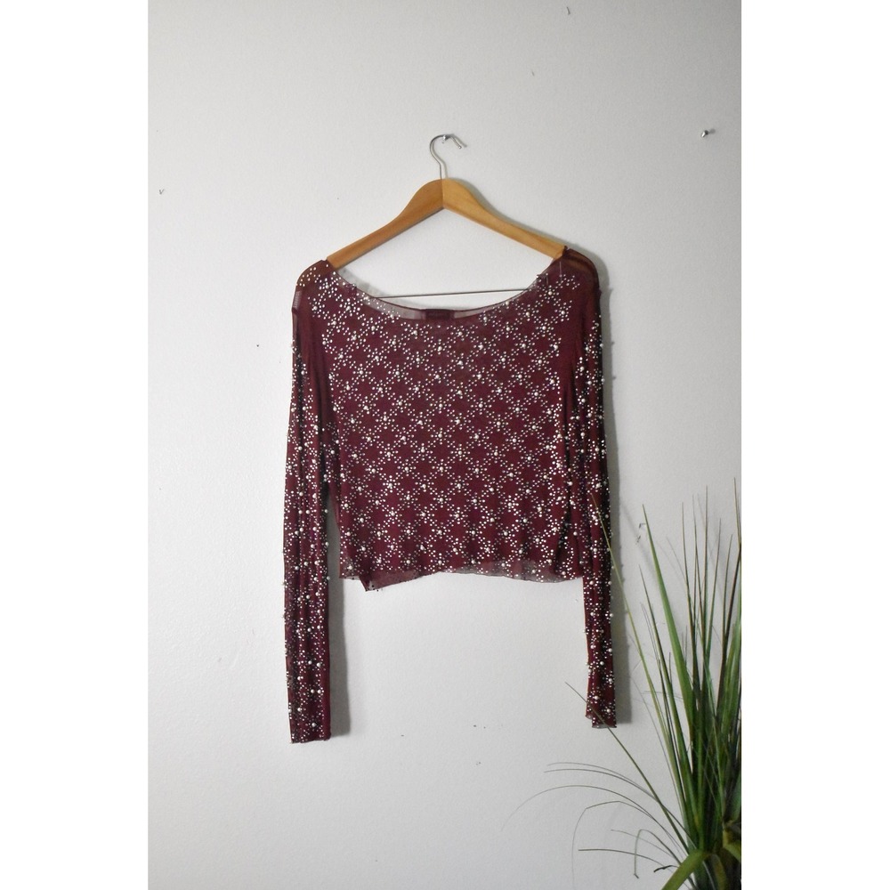 Faded Rose Mesh Top Women Large Burgundy Modern Pearl Rhinestone Embellished M8 - Picture 8 of 10